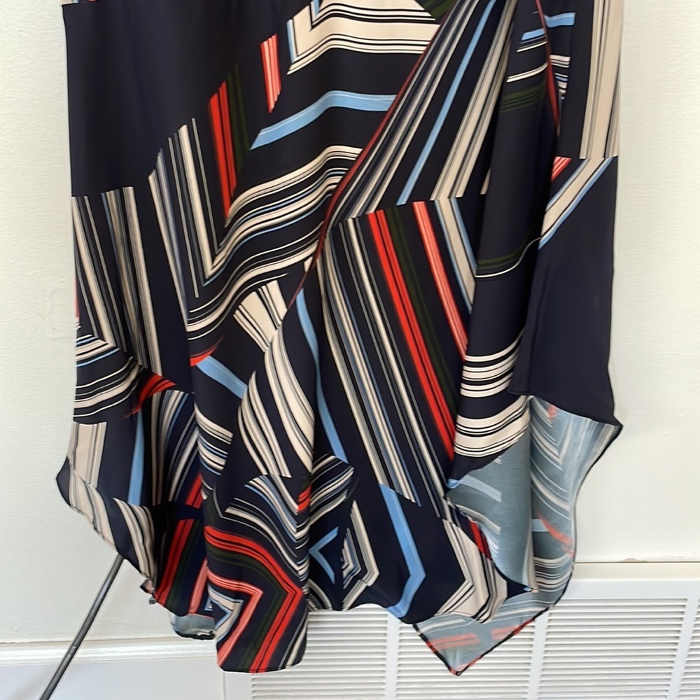 Parker | 100% Silk Halter Neck Handkerchief Hem Graphic Stripe Print Midi Dress - Picture 10 of 11